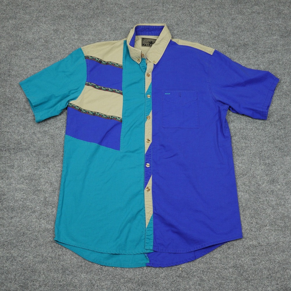 Spindle River Shirt Mens XL Blue Teal Colorblock Western Geometric Cotton Short